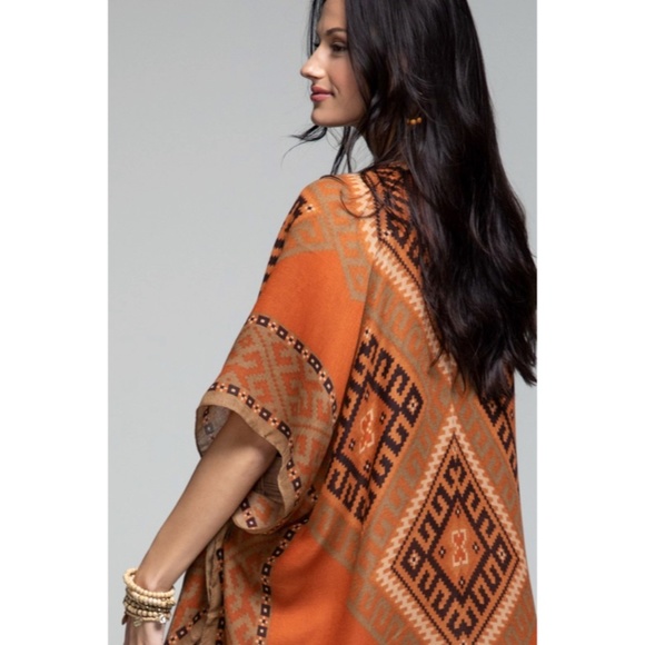 Tops - SOLD OUT Rust Ethnic Bohemian Western Border Tassel Trim Open Kimono Coverup